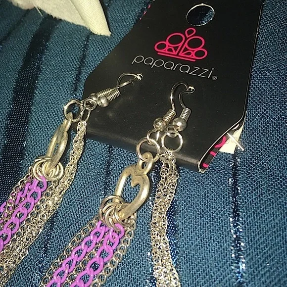 Buy 2 Get 1 Free Paparazzi Silver and Purple Dangle Heart Earrings - Picture 3 of 3